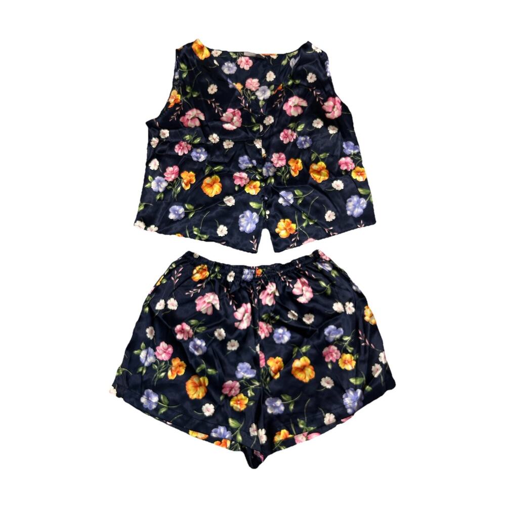 VTG Honors Intimates XL Pajama SET Top Sleep Shorts Silky Satin Navy Floral E25